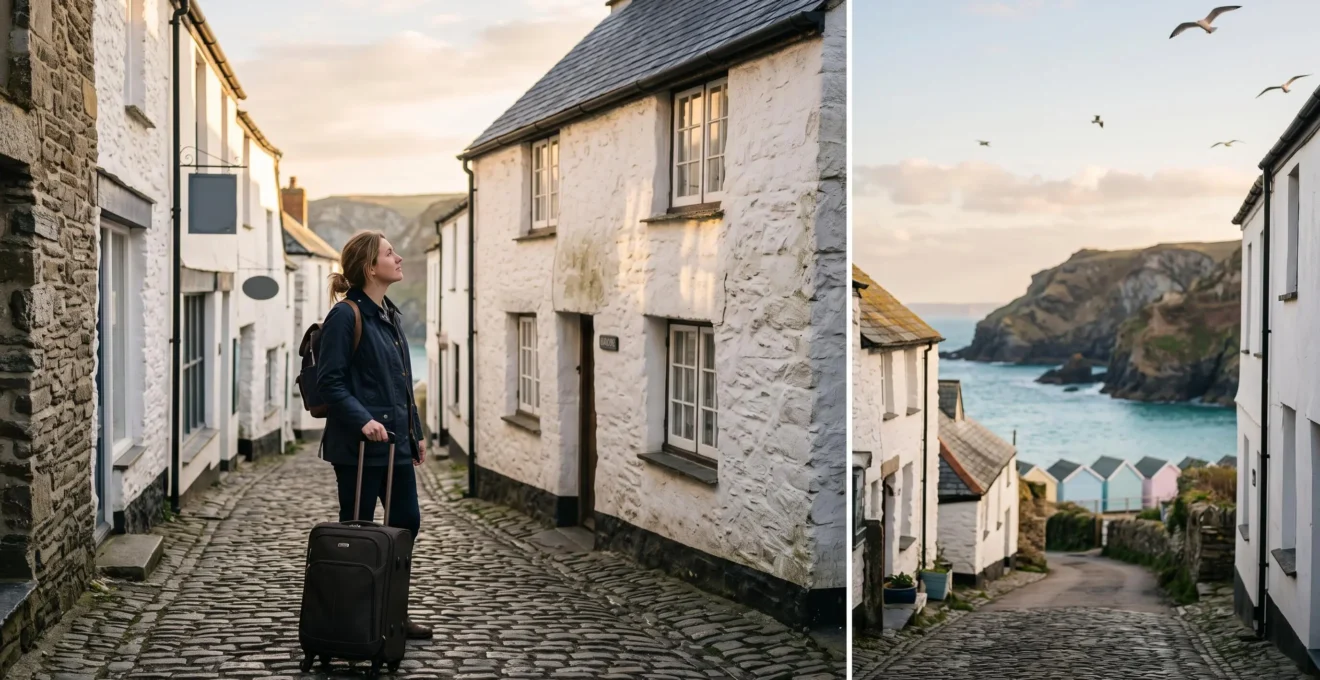 A traveller pauses outside a stone coastal cottage in an English seaside village, suitcase in hand, comparing the real property to expectations