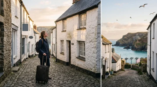 A traveller pauses outside a stone coastal cottage in an English seaside village, suitcase in hand, comparing the real property to expectations
