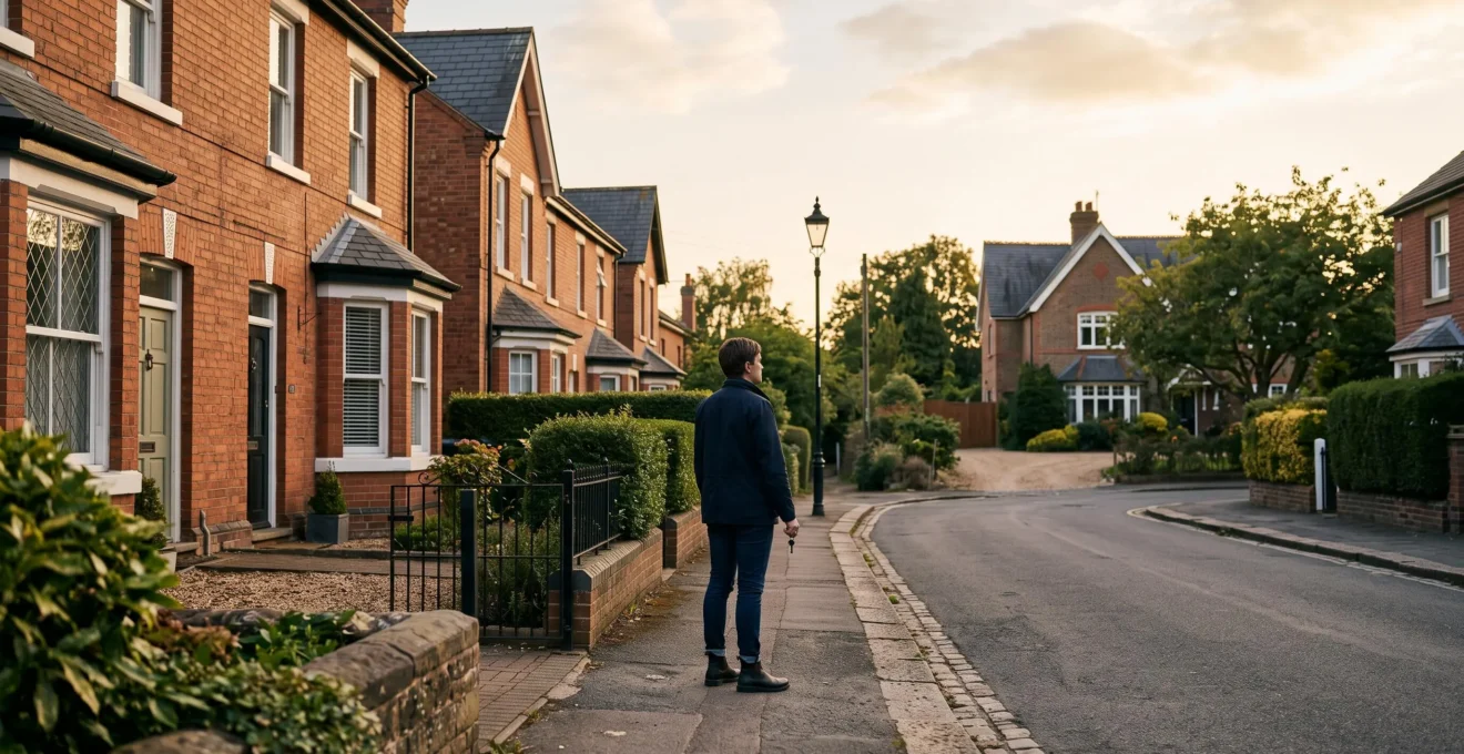 A person standing at a crossroads path between a small central flat and a large suburban house, symbolizing the lifestyle trade-off between space and location