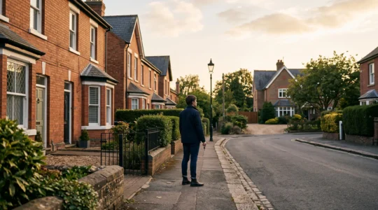A person standing at a crossroads path between a small central flat and a large suburban house, symbolizing the lifestyle trade-off between space and location