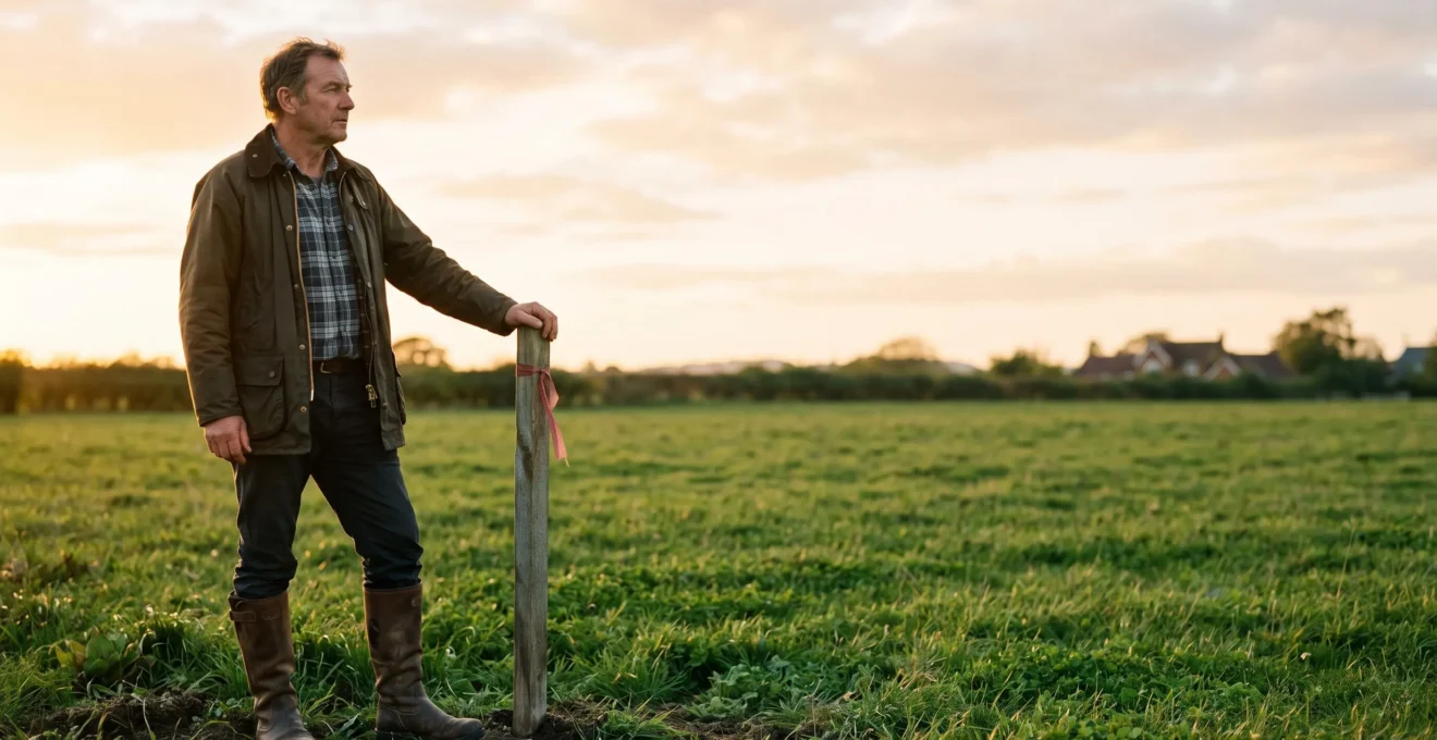 A person standing at the edge of an open field at golden hour beside a surveyor's stake, looking toward distant houses, symbolizing the decision to buy development land.