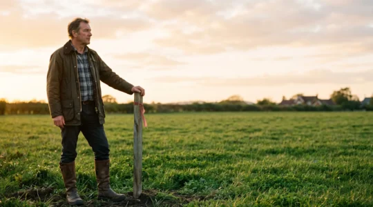 A person standing at the edge of an open field at golden hour beside a surveyor's stake, looking toward distant houses, symbolizing the decision to buy development land.