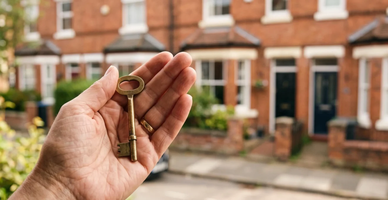 Editorial close-up of a hand holding a brass door key against a softly blurred British residential street