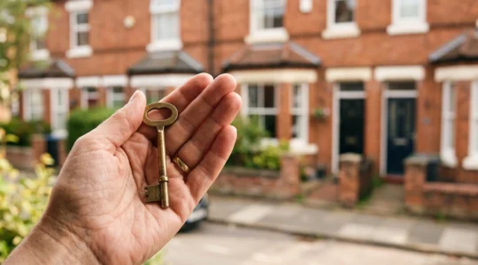 Editorial close-up of a hand holding a brass door key against a softly blurred British residential street