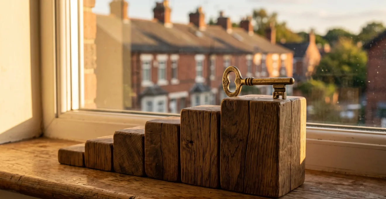 A single vintage brass door key resting on ascending wooden steps symbolizing property wealth growth over fifteen years