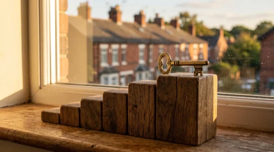 A single vintage brass door key resting on ascending wooden steps symbolizing property wealth growth over fifteen years