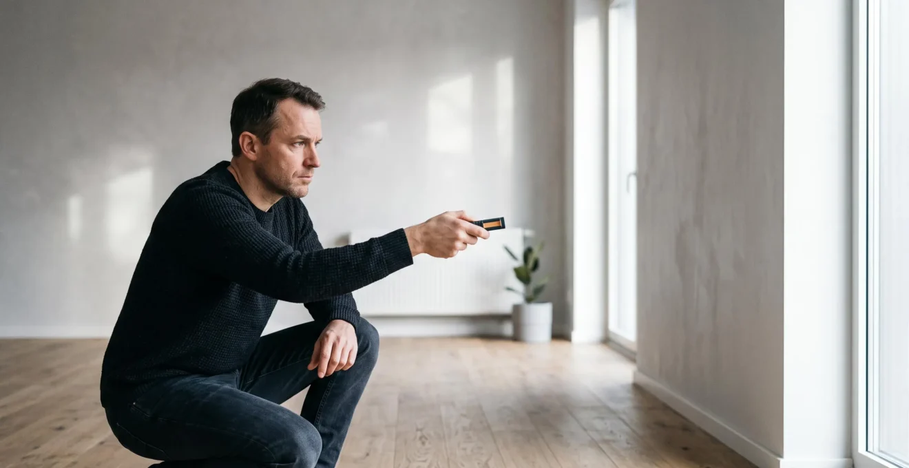A prospective home buyer carefully measuring a living room with a precision tool before finalising a property purchase