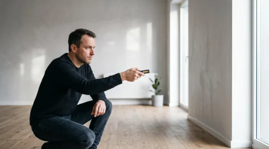 A prospective home buyer carefully measuring a living room with a precision tool before finalising a property purchase