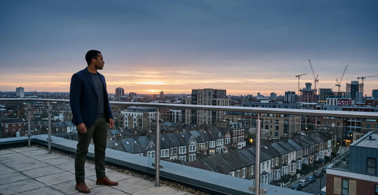 A property investor standing at a symbolic crossroads between different real estate investment paths, representing the choice between income, time and risk.