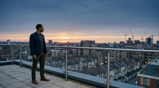 A property investor standing at a symbolic crossroads between different real estate investment paths, representing the choice between income, time and risk.
