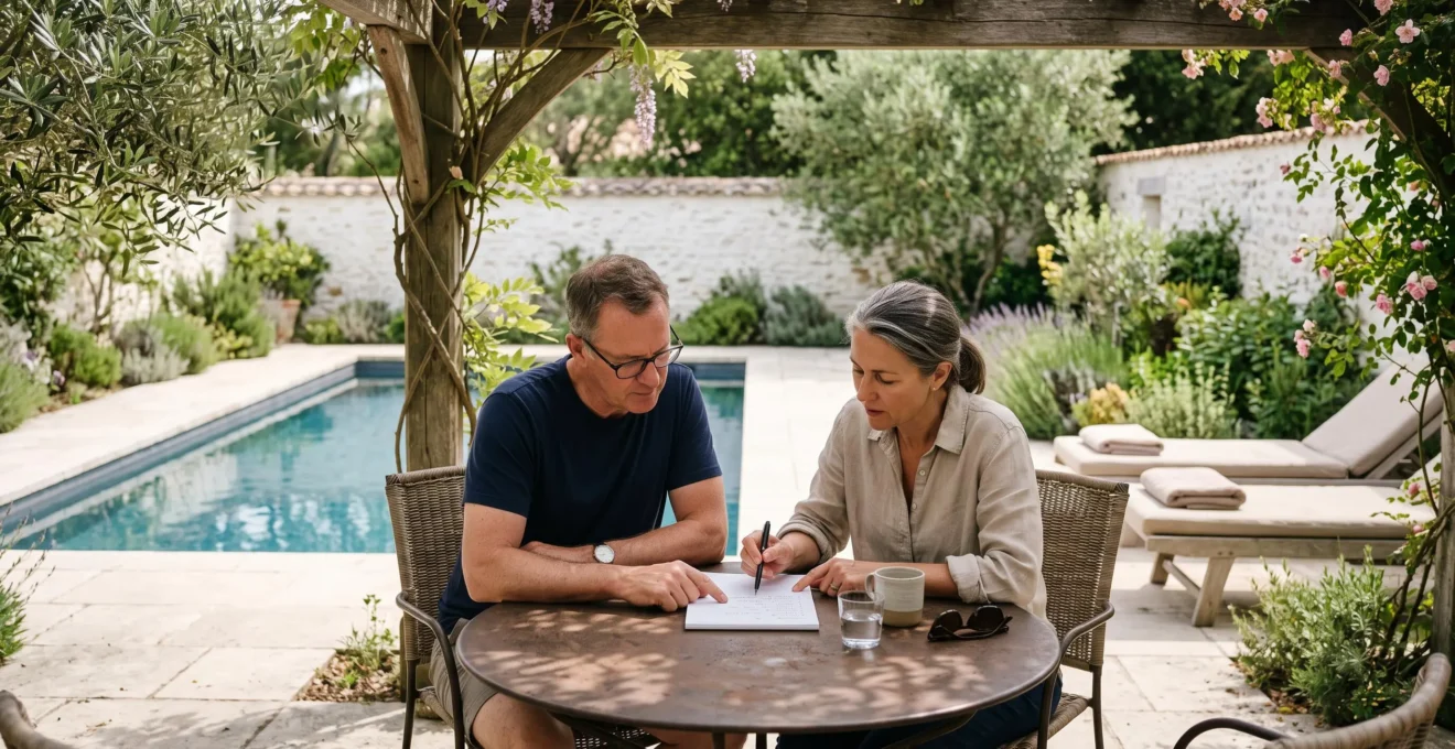 A couple reviews a handwritten checklist at a garden table beside the swimming pool of their villa on the Île de Ré.