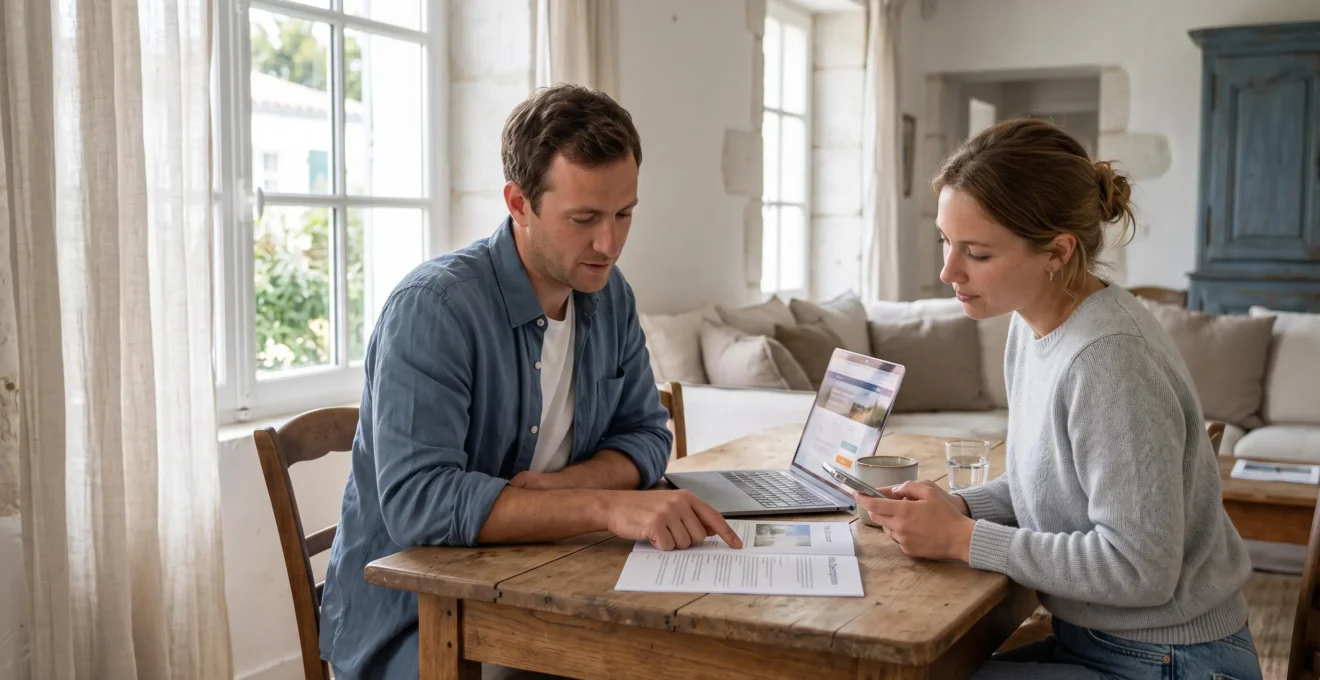 A couple compares a printed villa listing and a laptop screen at the table of a bright holiday home.