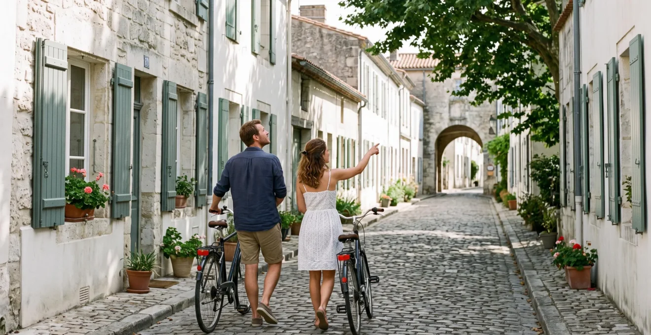 A couple with bicycles explores a narrow village street of Saint-Martin-de-Ré on Île de Ré.