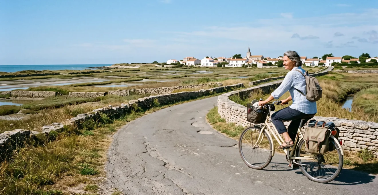 A woman cycles on a coastal path between salt marshes and whitewashed houses on Île de Ré.