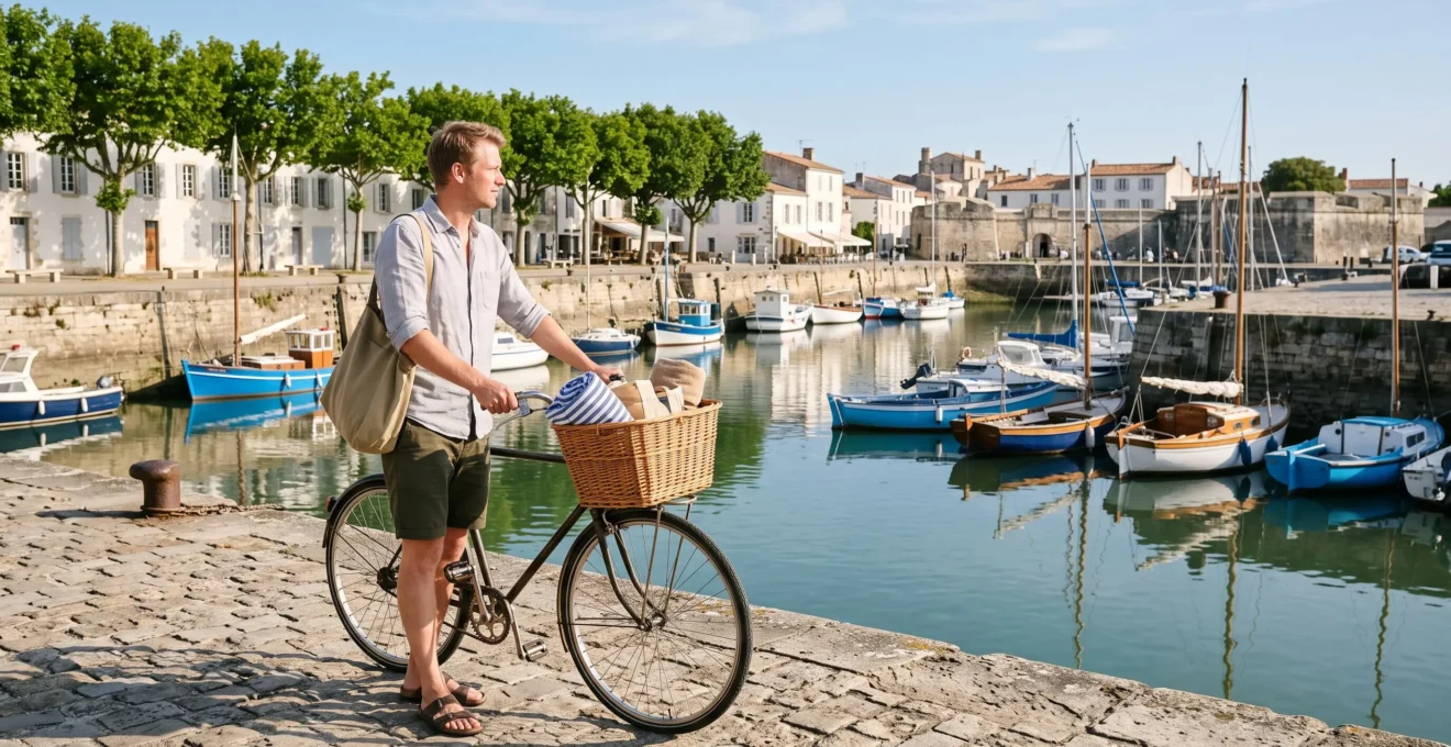 A cyclist with a loaded bicycle pauses on the quayside of the harbour of Saint-Martin-de-Ré in the morning light.
