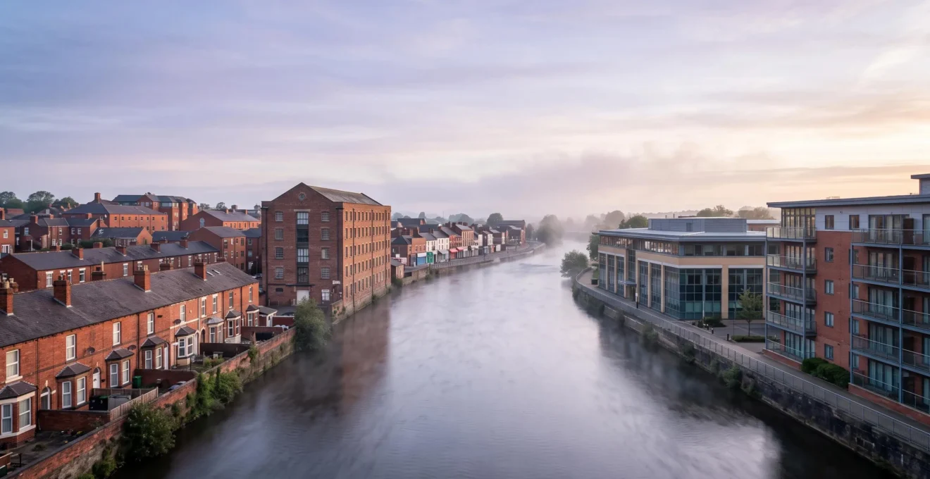 Aerial-style editorial composition symbolizing a diversified UK property portfolio spanning four cities and three property types