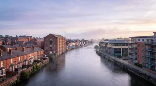 Aerial-style editorial composition symbolizing a diversified UK property portfolio spanning four cities and three property types
