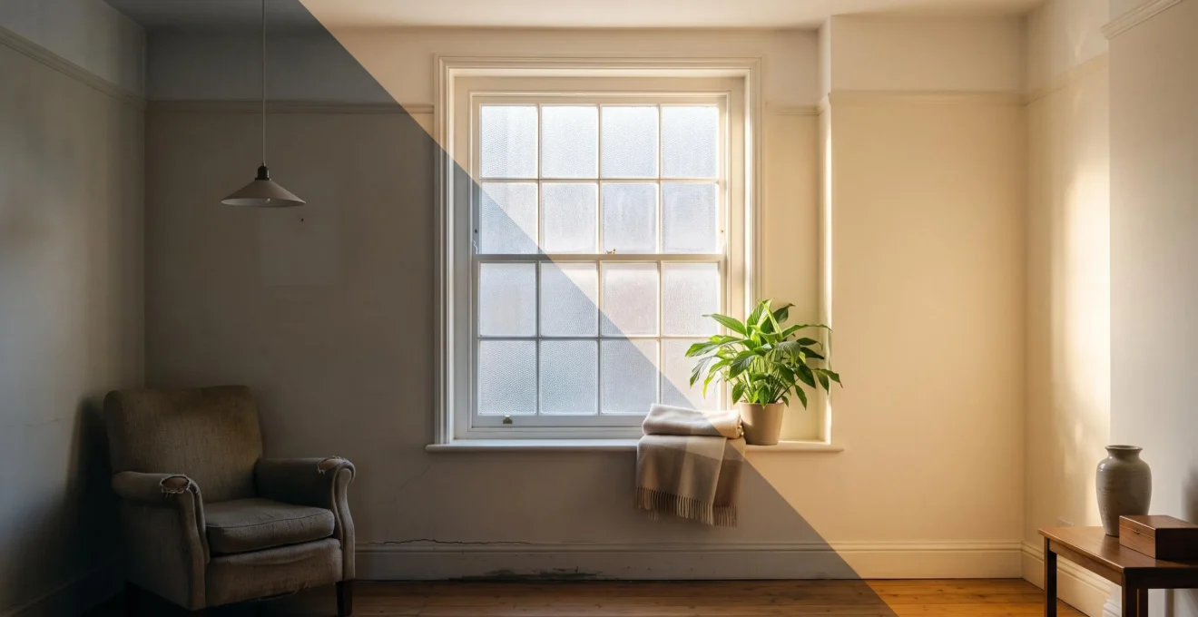 Split composition of a well-kept British terraced house interior symbolising the contrast between a reliable tenant and a neglectful occupier