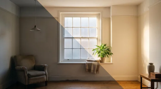 Split composition of a well-kept British terraced house interior symbolising the contrast between a reliable tenant and a neglectful occupier