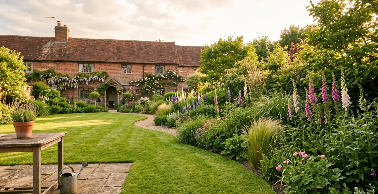 A beautifully structured English garden with manicured borders and a lawn, symbolizing increased property value