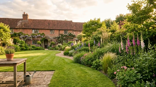 A beautifully structured English garden with manicured borders and a lawn, symbolizing increased property value