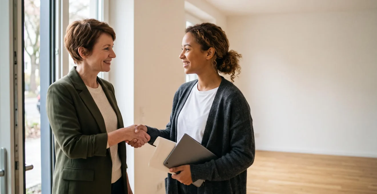 Landlord and prospective tenant shaking hands in a bright doorway during a fair, unbiased rental application review