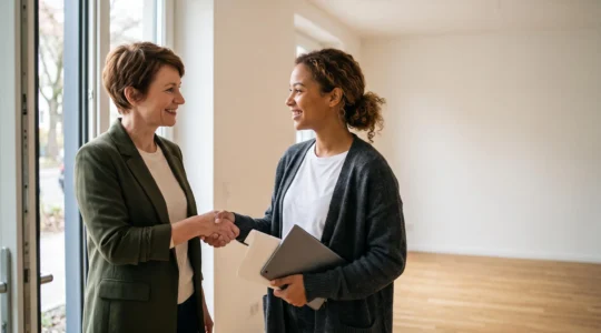 Landlord and prospective tenant shaking hands in a bright doorway during a fair, unbiased rental application review