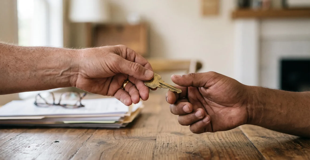 Close-up of a landlord and tenant exchanging a house key over a table with blurred rental paperwork, symbolizing fair and legally compliant tenant selection