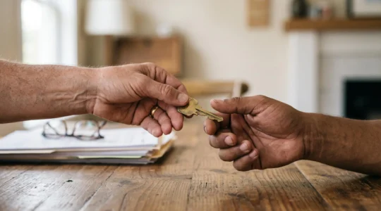 Close-up of a landlord and tenant exchanging a house key over a table with blurred rental paperwork, symbolizing fair and legally compliant tenant selection