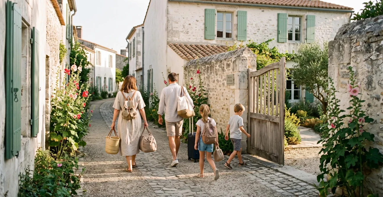 A family walks down a whitewashed lane on the Île de Ré towards a stone holiday villa with green shutters and an open garden gate.