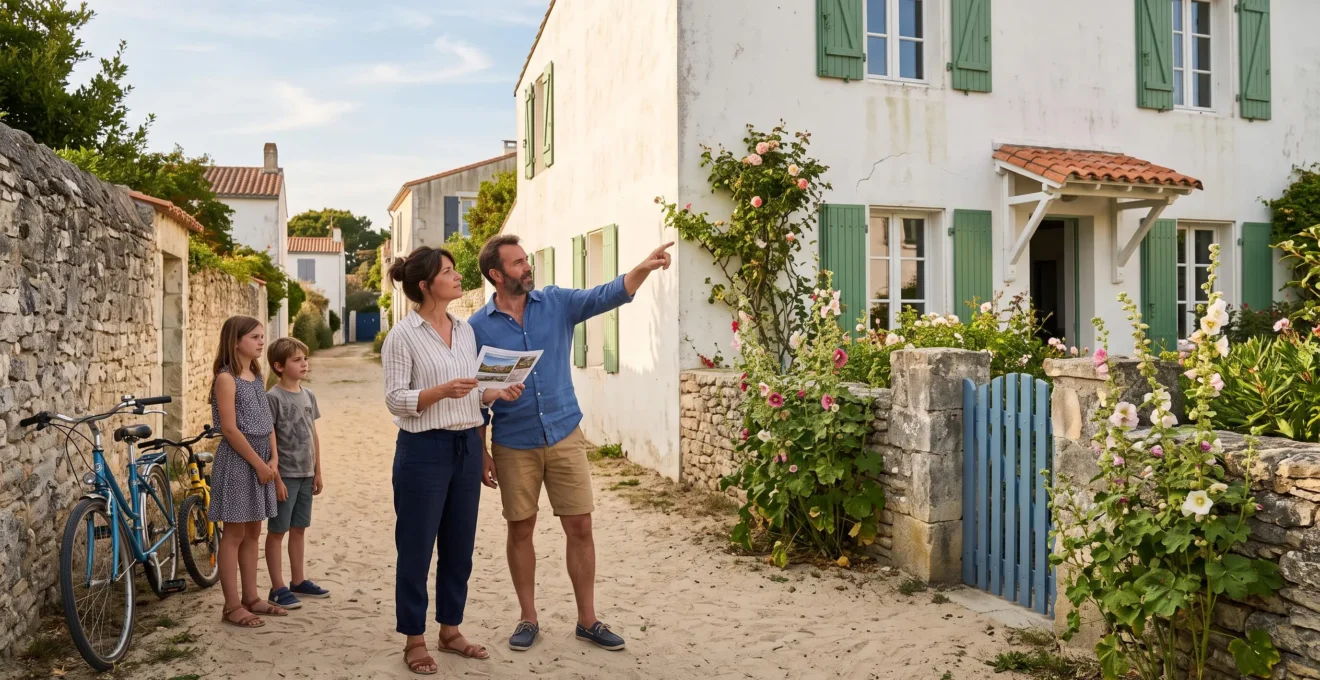 A family examines the facade of a whitewashed villa with green shutters on a sandy lane on Île de Ré.