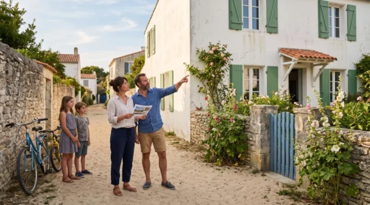 A family examines the facade of a whitewashed villa with green shutters on a sandy lane on Île de Ré.