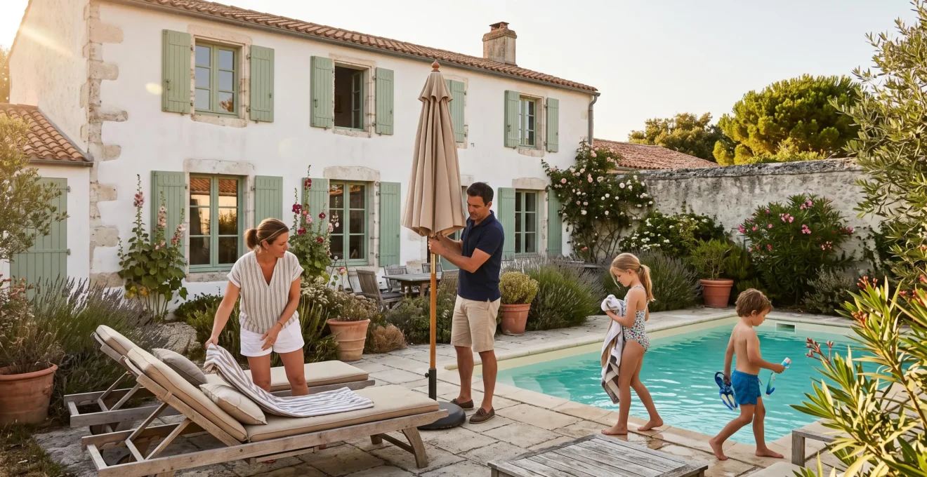 A family settles into the garden of a whitewashed private villa with a pool on Île de Ré.