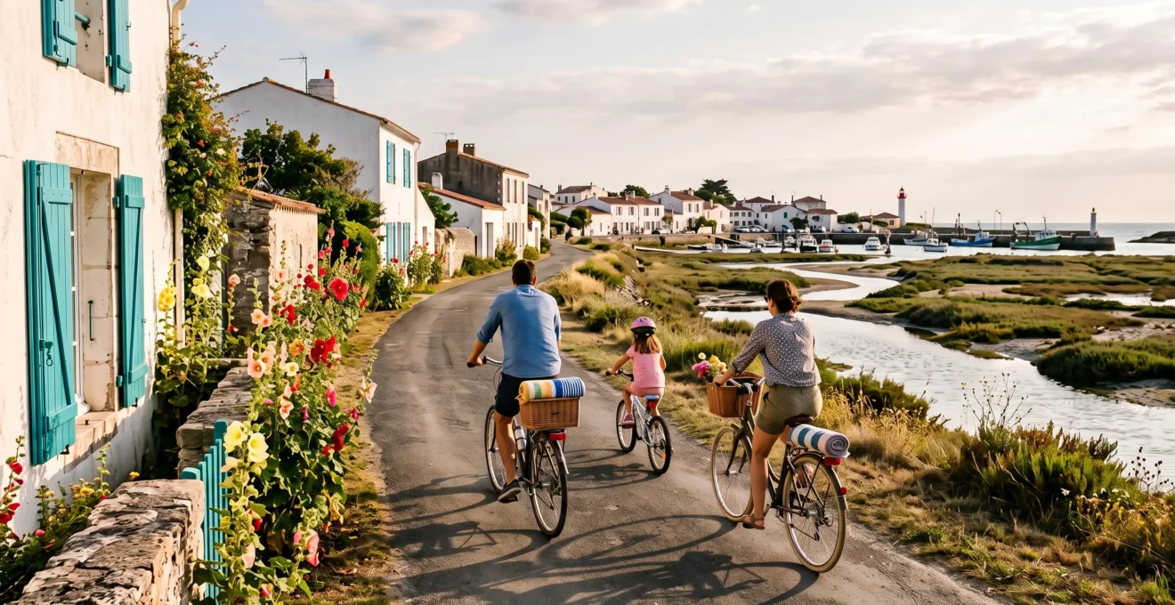 A family cycles along a coastal path lined with whitewashed houses on the Île de Ré.