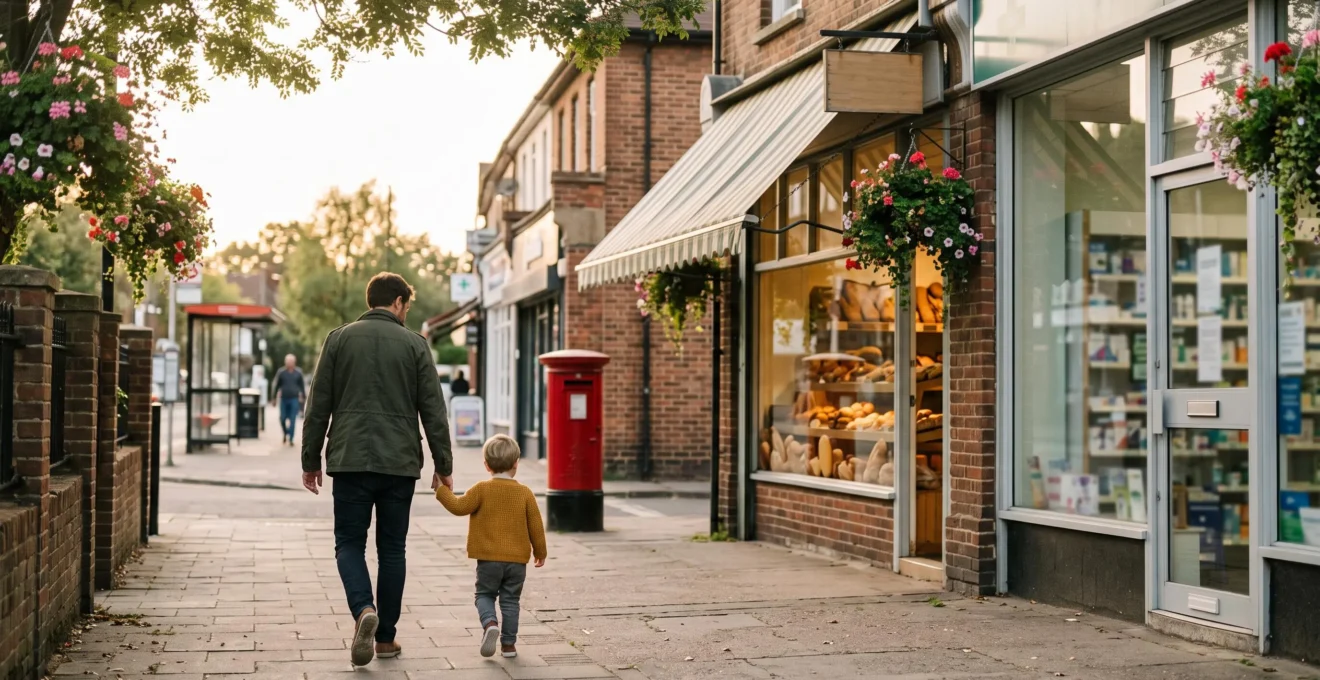 A parent and child walking past a row of local shops in a quiet mixed-use UK street, symbolising time saved through nearby amenities