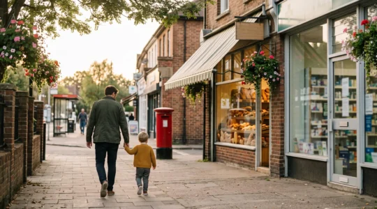 A parent and child walking past a row of local shops in a quiet mixed-use UK street, symbolising time saved through nearby amenities