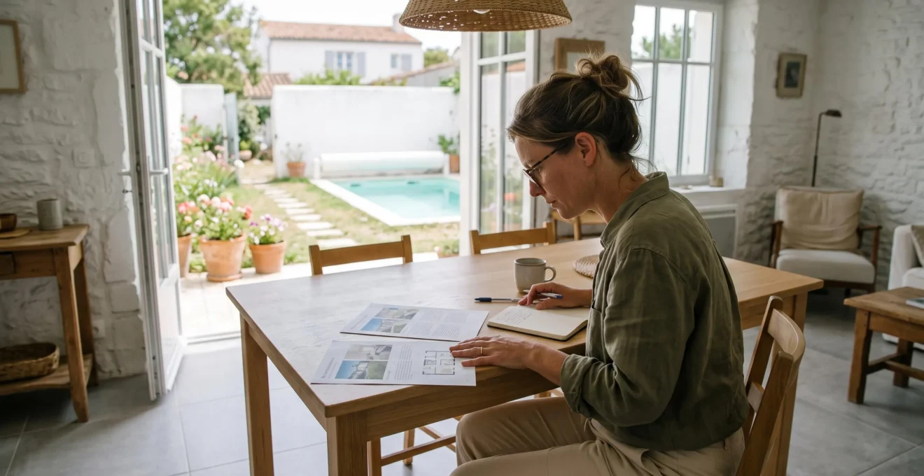 A woman compares two printed villa rental descriptions at a table inside a bright holiday home on the Île de Ré.