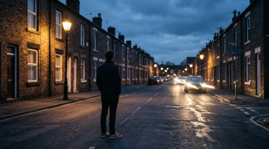 A homeowner standing at a symbolic crossroads representing the choice between a stable fixed-rate mortgage and a fluctuating variable-rate mortgage