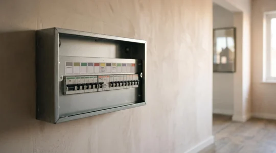 Modern home consumer unit glowing with organized cable pathways symbolizing future electrical capacity