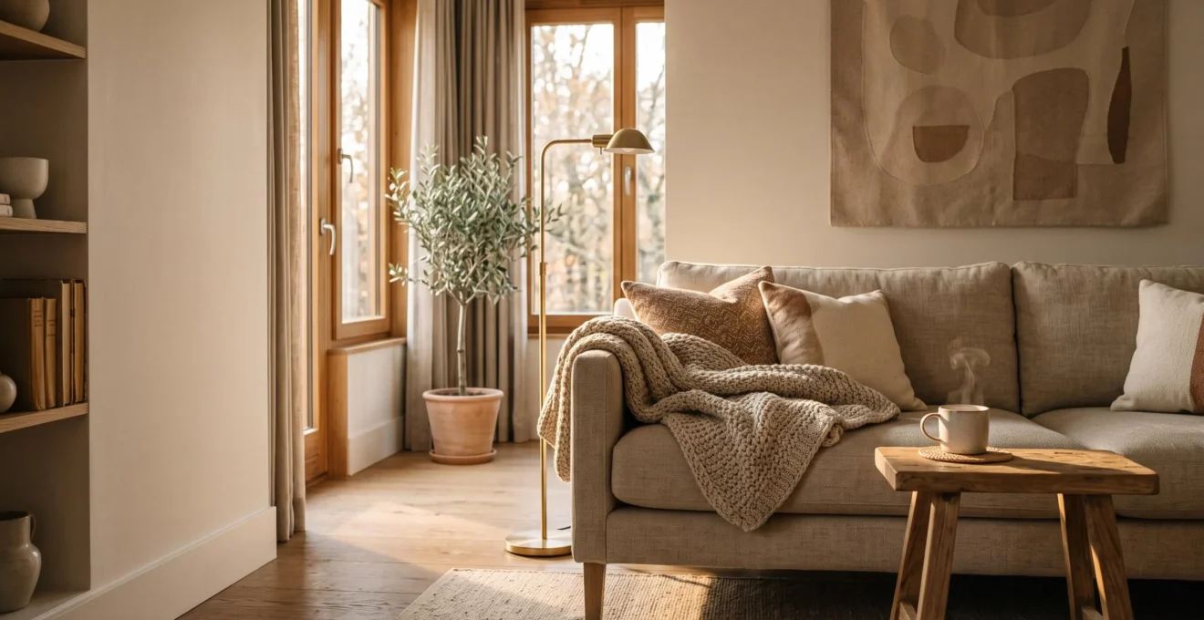 A beautifully lit living room at golden hour illustrating how presentation increases a home's perceived value