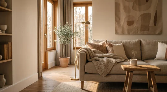 A beautifully lit living room at golden hour illustrating how presentation increases a home's perceived value