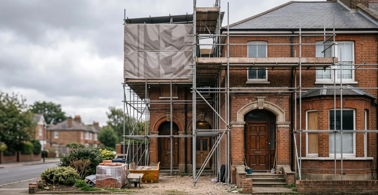 A traditional brick house with scaffolding and multiple layered doorways symbolizing the hidden legal and regulatory layers beyond standard planning permission