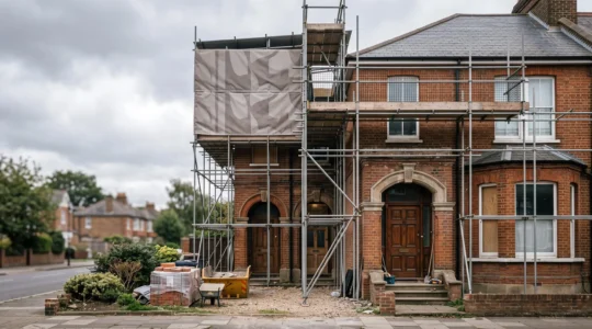 A traditional brick house with scaffolding and multiple layered doorways symbolizing the hidden legal and regulatory layers beyond standard planning permission