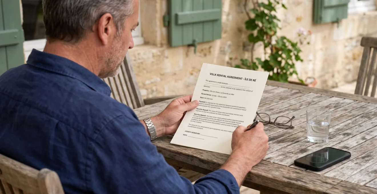 A man reviews a one-page rental agreement with a pen in hand on a shaded villa terrace.