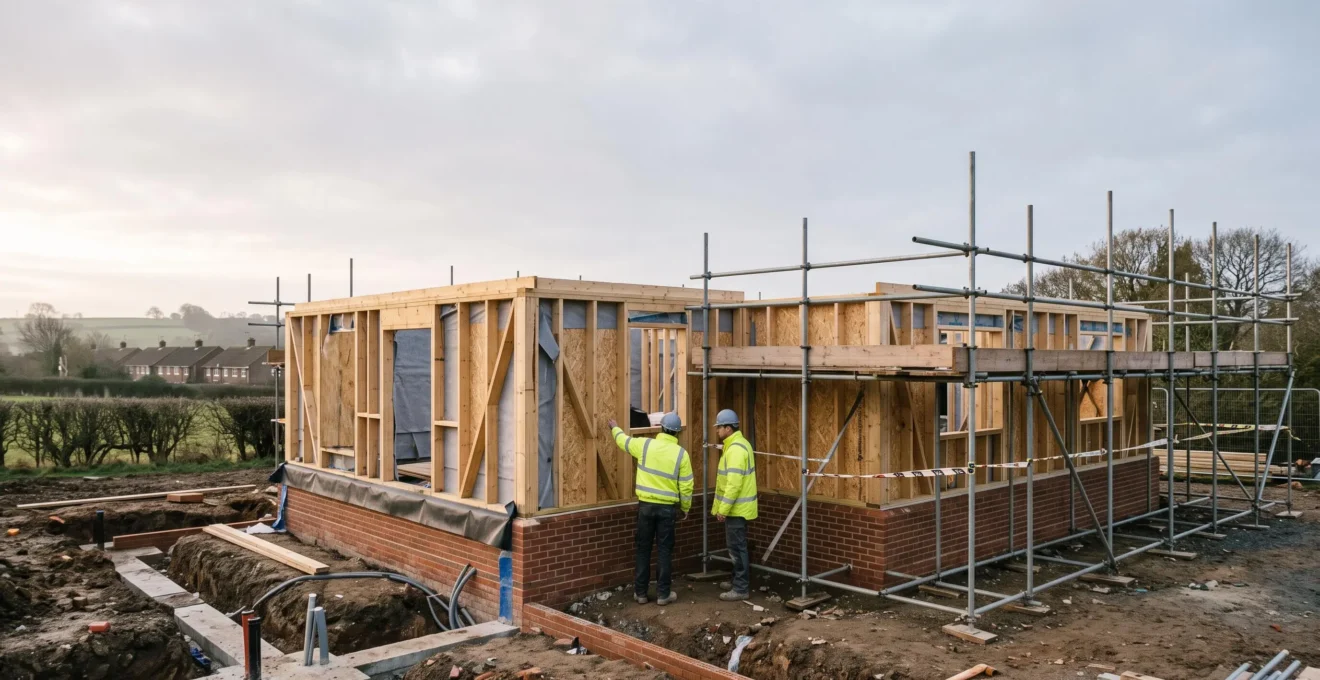 Editorial photograph of a UK self-build house under construction at the inspection stage, symbolizing a successful building control sign-off
