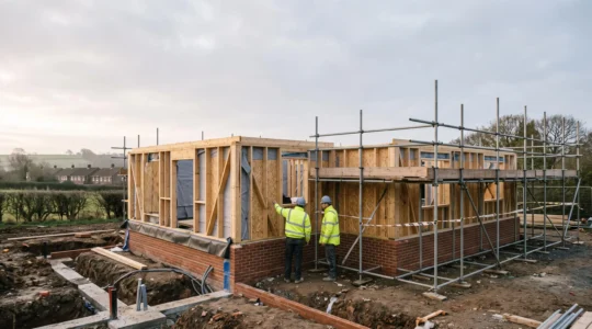 Editorial photograph of a UK self-build house under construction at the inspection stage, symbolizing a successful building control sign-off