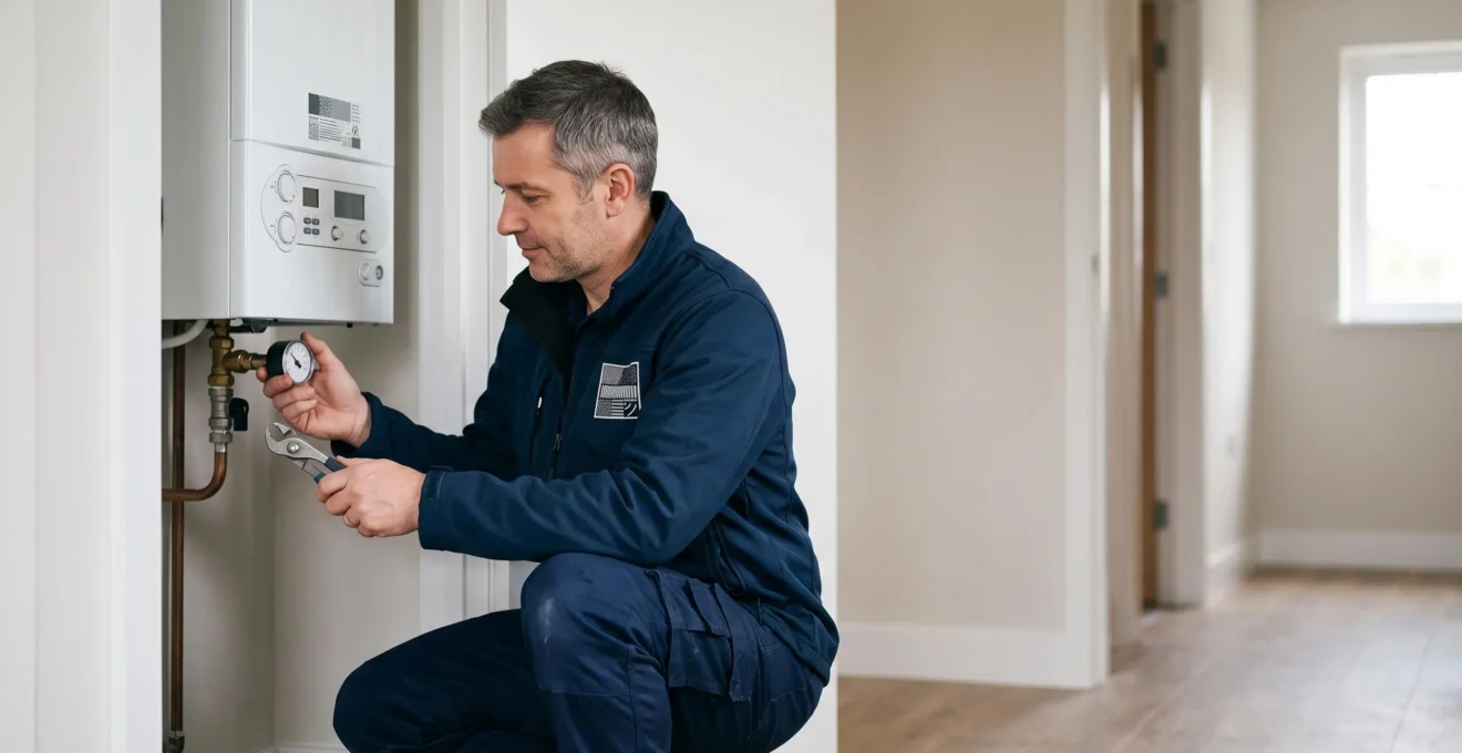Wide editorial photograph of a landlord and engineer inspecting a modern boiler in a rental property hallway, symbolising preventive HVAC maintenance
