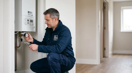 Wide editorial photograph of a landlord and engineer inspecting a modern boiler in a rental property hallway, symbolising preventive HVAC maintenance