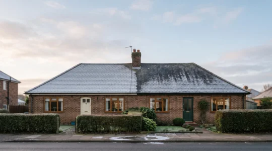 A British semi-detached brick home shown in cutaway-style morning light, symbolising an affordable insulation upgrade to reach EPC rating B