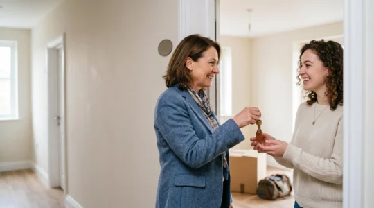 Close-up of a landlord and new tenant exchanging house keys during a smooth, fast rental property handover